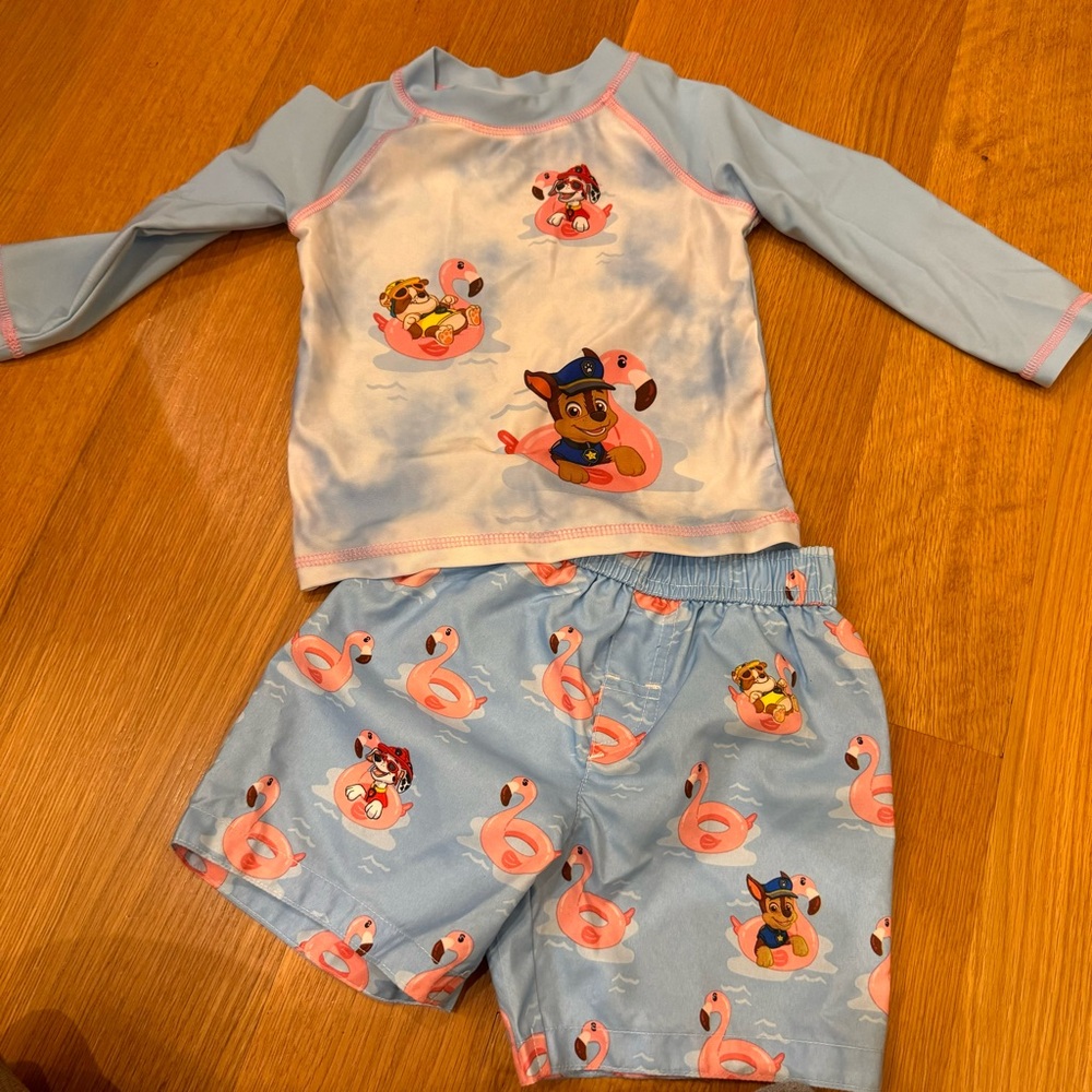 Paw Patrol Light Blue Rash Guard & Swim Shorts Set Size 18 Months Summer Beach